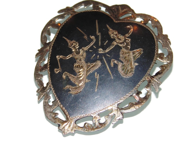 925 Very Old Vintage Estate Sterling Silver Brooch Made in Siam Large Huge Heart Dancers Brooch Jewelry Birthday Gift For Her