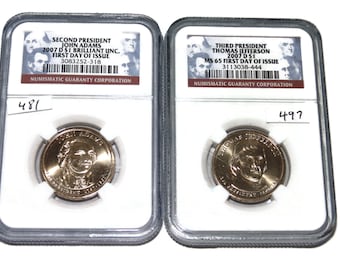Sold Separately NGC Graded John Adam Second President Brilliant Coin Thomas Jefferson Third President MS65 First Day Issue 1 Dollar