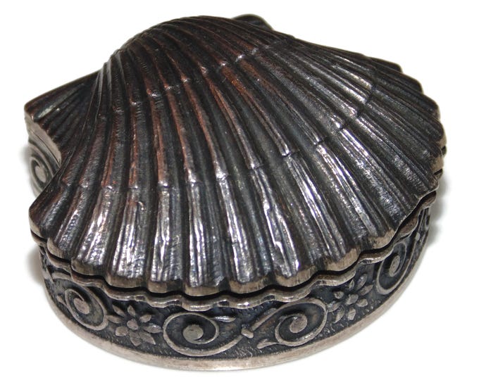 800 Vintage Estate Silver Trinket Pill Ring Box Ring Jewelry Box 1.5" Wide 18 grams Ornate Top Shell Birthday Gift For Her
