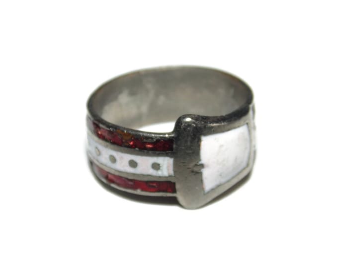 Antique Vintage Estate Silver Ring Band Unisex White Red Enamel Belt Buckle Band Pinkie Pinky Ring US Size 7 Birthday Gift For Him For Her