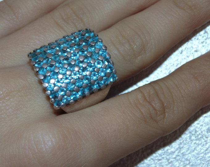 925 Vintage Estate Sterling Silver Ring Statement Huge Blue Cubic Zirconia Cluster Grid Size 8 Jewelry Birthday Gift For Her Him