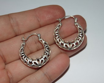 925 Vintage Estate Sterling Silver Earrings Cut Out 3D Puffy Floral Basket Antiqued Boho Ornate Jewelry Jewellery Birthday Gift For Her