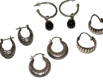 Vintage Sterling Silver Hoop Earrings: Ornate Textured Onyx, Sold Separately