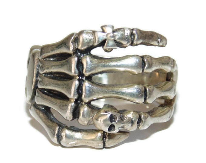SALE 925 Men's Sterling Silver Ring Skull Artisan Gothic Rocker Biker Hand Skeleton Bones Cross Signet Birthday Gift For Him Jewelry