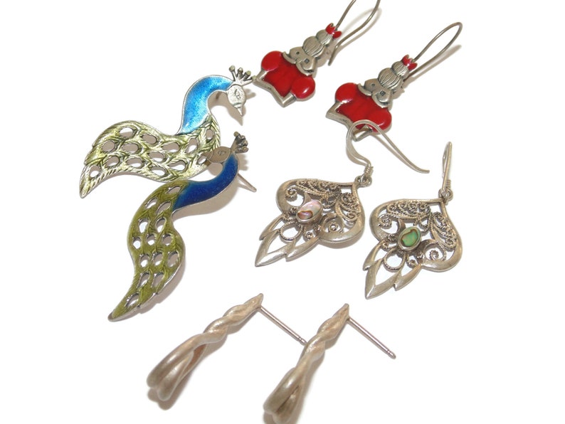 925 Sold Separately Sterling Silver Earrings Vintage Estate Artisan Filigree Peacock Alice Wonderland Pierced Jewelry Gift For Her Argent
