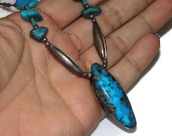 Vintage Estate Large Turquoise Bead Navajo Sterling Silver Beads Necklace 16" long Native American