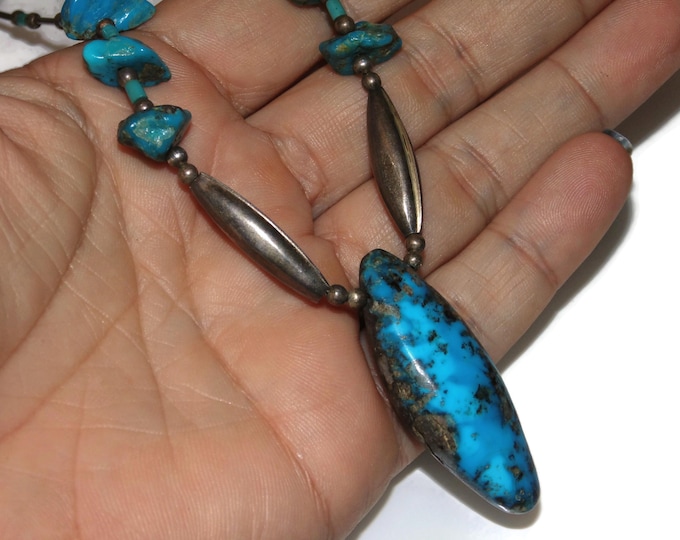 Vintage Estate Large Turquoise Bead Navajo Sterling Silver Beads Necklace 16" long Native American