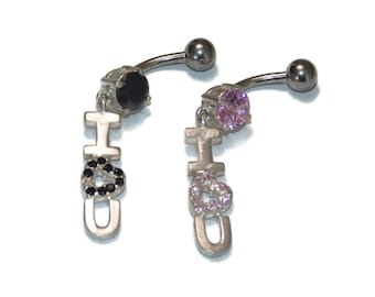 New Hypoallergenic Surgical Steel Bar Sterling Silver I LOVE YOU Crystal Rhinestones Belly Button Navel Ring Bar Piercing 925 Heart Dangle