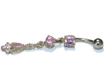 New Hypoallergenic Surgical Steel Bar Sterling Silver Elements Pink Crystal Rhinestones Belly Button Naval Ring Piercing Bar Dangle Drop