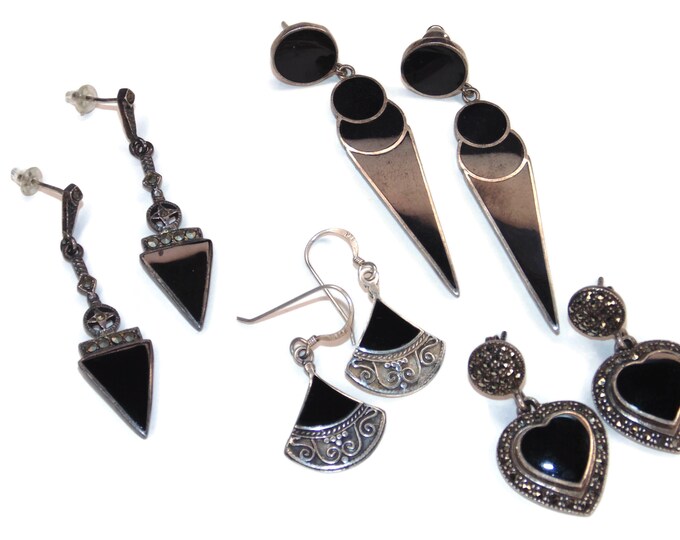925 Sold Separately Vintage Estate Sterling Silver Earrings Black Onyx Triangle Scroll Marcasites Heart Jewelry Birthday Gift For Her