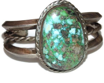 Vintage Estate Southwestern Cuff Bracelet Native Navajo Artisan Sterling Silver Turquoise Old Pawn