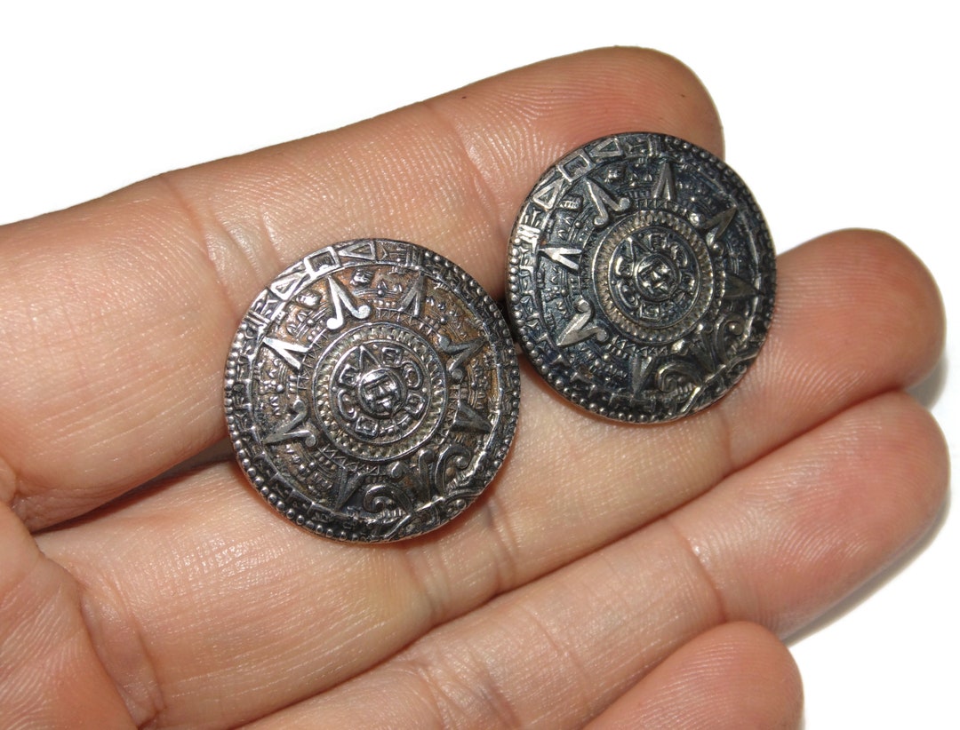 Boutons De Manchette Vintage Argent 925 - Style Aztèque, Motif Visages, Pour Collectionneur Ou Look Rétro