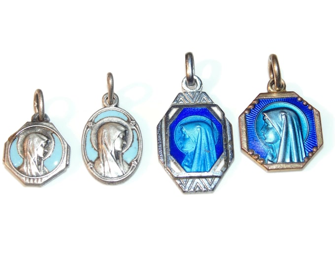 SOLD SEPARATELY French Small Vintage Estate Catholic Double Sided Blue Enamel Religious Our Lady Lourdes Pendant Charm Jewelry Gift For Her