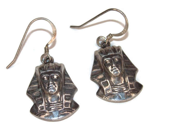 925 Vintage Estate Sterling Silver Earrings Egypt Egyptian Revival Pharaoh Tutankhamun Dangle Drop Jewelry Jewellery Birthday Gift For Her