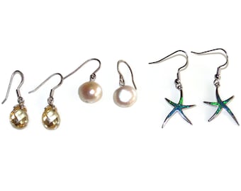 Vintage Sterling Silver Dangle Earrings: Pearl, Opal, or Glass