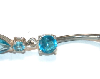Sterling Silver Blue Crystal Dangle Belly Button Ring