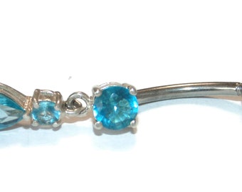 New Hypoallergenic Surgical Steel Bar Sterling Silver Elements Blue Crystal Rhinestones Belly Button Naval Ring Piercing Bar Dangle Drop