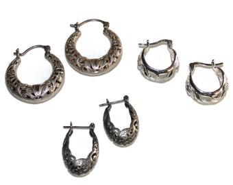 925 Sold Separately Ornate Vintage Estate Sterling Silver Boho Earrings Hoops Oval Cut Out Basket Style Hoop Jewelry Birthday Gift For Her