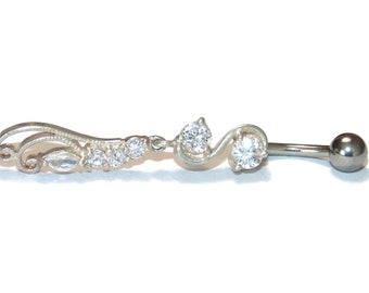 Sterling Silver Dangle Belly Button Ring: Surgical Steel Bar, Crystal Rhinestones