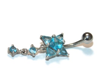 Sterling Silver Blue Crystal Dangle Belly Button Ring