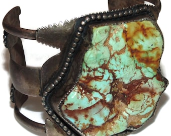 Vintage Robert Begays Southwestern Cuff Bracelet Native Navajo Artisan Sterling Silver Turquoise MASSIVE