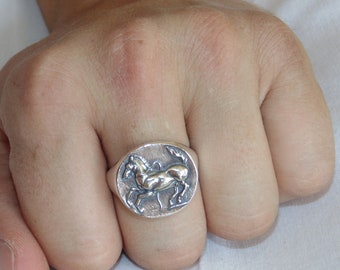 925 MASSIVE Sterling Silver Ring Men's Signet Equestrian Thrace Horse Greek Coin Statement Heavy Biker Ring Jewelry Birthday Gift For Him