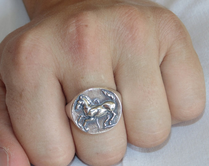 925 MASSIVE Sterling Silver Ring Men's Signet Equestrian Thrace Horse Greek Coin Statement Heavy Biker Ring Jewelry Birthday Gift For Him