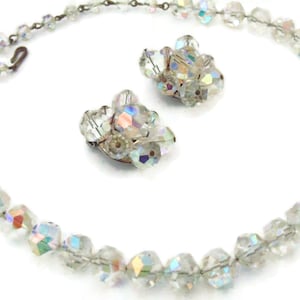 Vintage Aurora Borealis Glass Necklace and Clip On Earrings Set