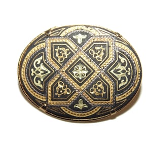 Vintage Estate Petite Damascene Pretty Gold Black Tone Ornate Birds and Flowers Oval Brooch Jewelry Jewellery Birthday Gift For Her