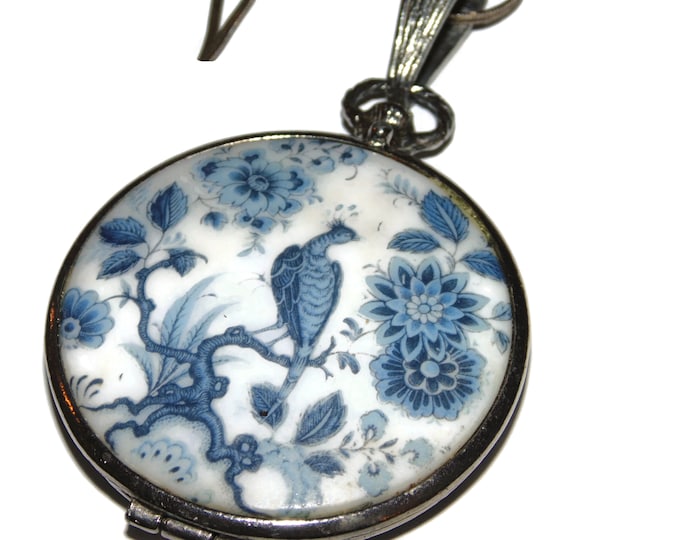 HUGE Statement Ceramic Pendant Locket Blue Bird of Paradise Peahen Boho Ornate Silver Back Birthday Gift For Her Unique Jewelry