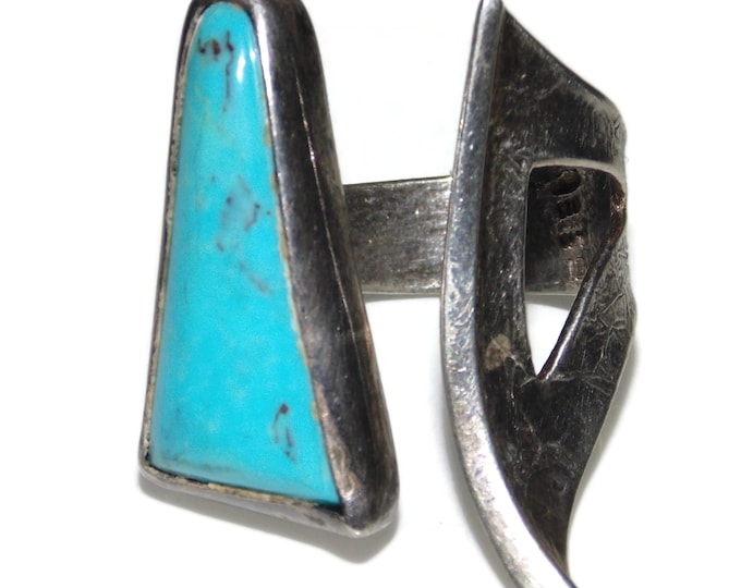 925 Vintage Estate Ring Sterling Silver Statement Southwestern Open Turquoise US Size 8.5 Jewelry Jewellery Birthday Gift For Her