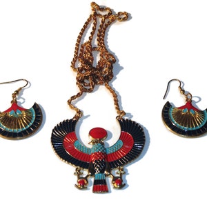 Egyptian Enamel Jewelry Set Horus Pendant Necklace Earrings Egypt