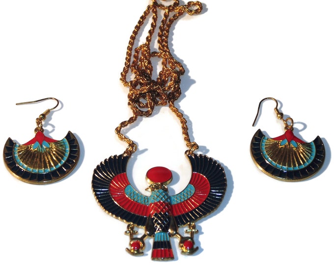 Costume Jewelry Egyptian Necklace Pendant Matching Earrings Set Gods Goddess Enamel Dress Up Jewellery Horus