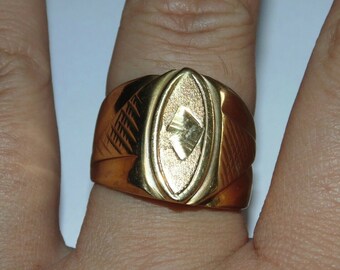Men's Vintage Estate Brass Bronze Statement Etched Lines Gold Tone Man Ring Signet US Size 10.75 Jewelry Jewellery Birthday Gift For Him