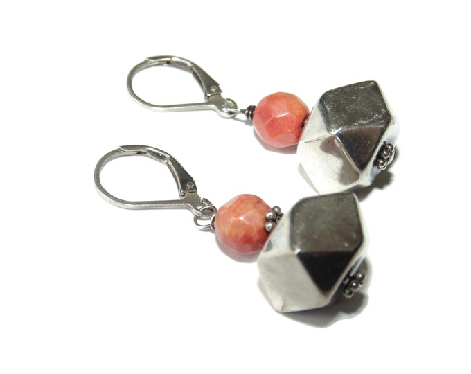 925 Vintage Estate Sterling Silver Earrings Boho Dangle Drop Ball Coral Modernist Pierced 1.25" Jewelry Jewellery Birthday Gift For Her