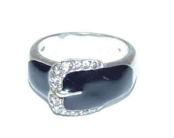 Vintage Sterling Silver Belt Buckle Ring: Black Enamel, Rhinestone Accent, US Size 7.75