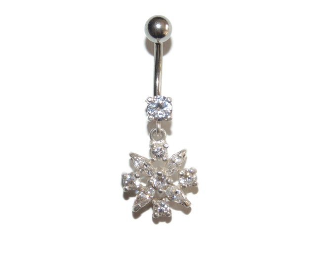 New Hypoallergenic Surgical Steel Bar Sterling Silver Elements Crystal Rhinestones Belly Button Naval Ring Piercing Bar Dangle Snowflake