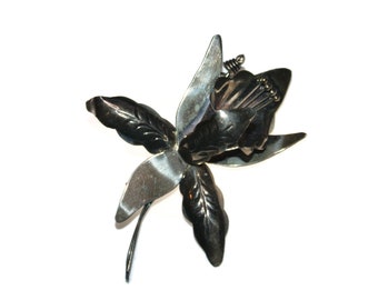 Vintage Sterling Silver Orchid Brooch - Mexican Floral Jewelry