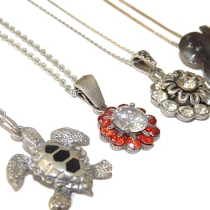 Vintage .925 Sterling Silver Pendant Necklace: Turtle or Rhinestone Flower
