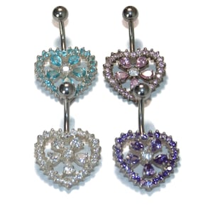 New Surgical Steel Navel Piercing Bar Sterling Silver Clear Pink Blue Rhinestones Belly Button Ring Heart Flower Hypoallergenic For Her