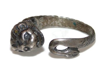 925 Vintage Estate Sterling Silver Ring Pinkie Pinky Unisex Lion Open Wrap Band US Size 7 Ornate Jewelry Birthday Gift For Him Her
