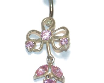 Sterling Silver Flower Dangle Belly Button Ring: Pink Crystal Navel Piercing