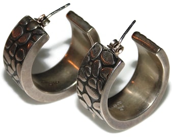 Vintage Estate Sterling Silver Large Puffy Wide Textured Hoops Pierced Earrings Jewelry Jewellery Birthday Gift For Her 925 Argent