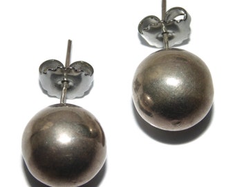 925 Vintage Sterling Silver Earrings Puffy Large Ball Orb Sphere Studs Pierced Jewelry Jewellery Birthday Gift For Her