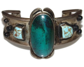 Vintage Estate Southwestern Cuff Bracelet Native Navajo Artisan Sterling Silver Turquoise Malachite Richard Begay
