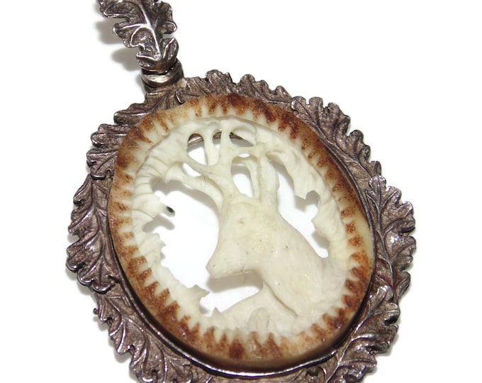 925 Antique Vintage Estate Ring Sterling Silver Statement Carved Deer Horn Antler Pendant Jewelry Jewellery Birthday Gift For Him