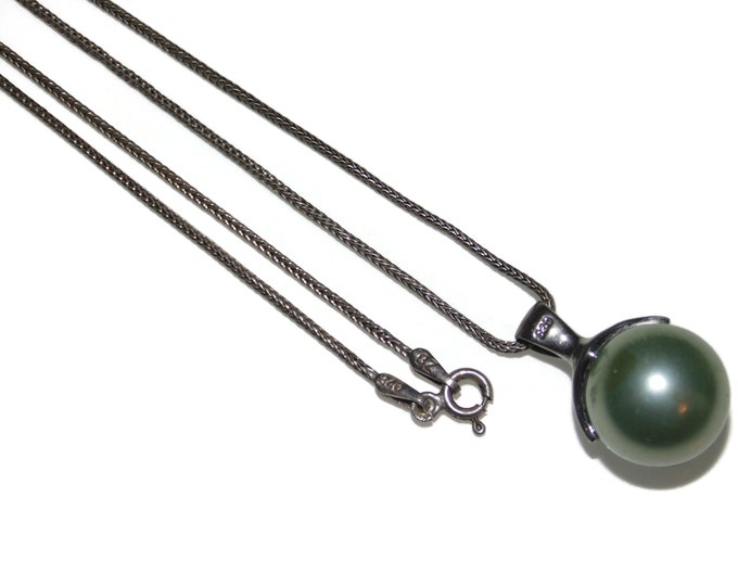 925 Vintage Estate Silver 16.5" Choker Flex Snake Chain Necklace Green Faux Pearl Ball Sphere Orb Pendant Jewelry Birthday Gift For Her
