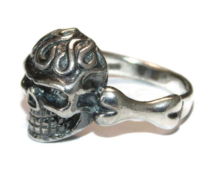 925 Sterling Silver Ring Signet SOLID Men's Punk Rocker Biker Gothic Huge MASSIVE Skull Bone Flames Jewelry Birthday Gift For Him