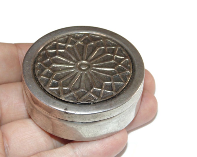 925 Vintage Estate Round Solid Sterling Silver Trinket Pill Ring Box Ring Jewelry Box 2" Wide 50 grams Ornate Top Birthday Gift For Her