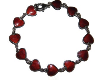 Vintage Estate Volmer Bahner Denmark Sterling Silver Red Heart Guilloche Enamel 8" Bracelet Chain Jewelry Jewellery Birthday Gift For Her